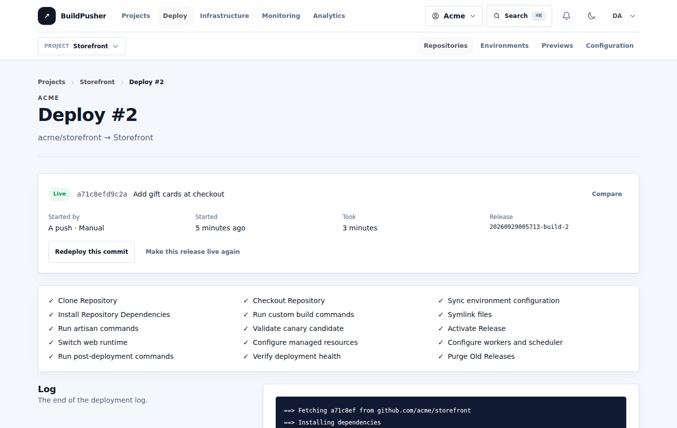 A screenshot of Deploy in BuildPusher